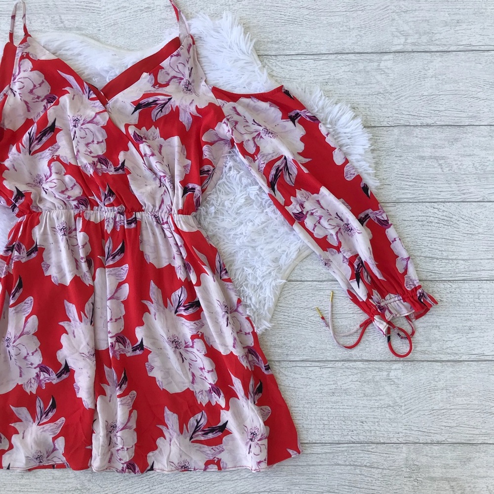 Impeccable Pig Coral Floral Cold Shoulder Dress